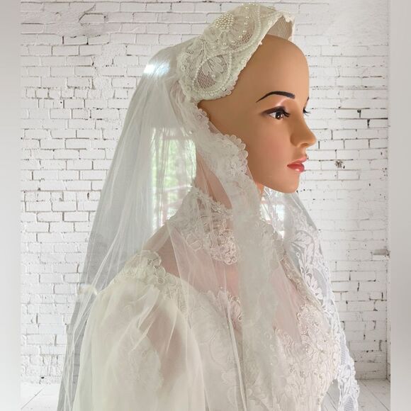 Vntg. Alfred Angelo Chiffon Wedding Dress High Neck Long Sleeves Bridal Gown - Picture 3 of 16